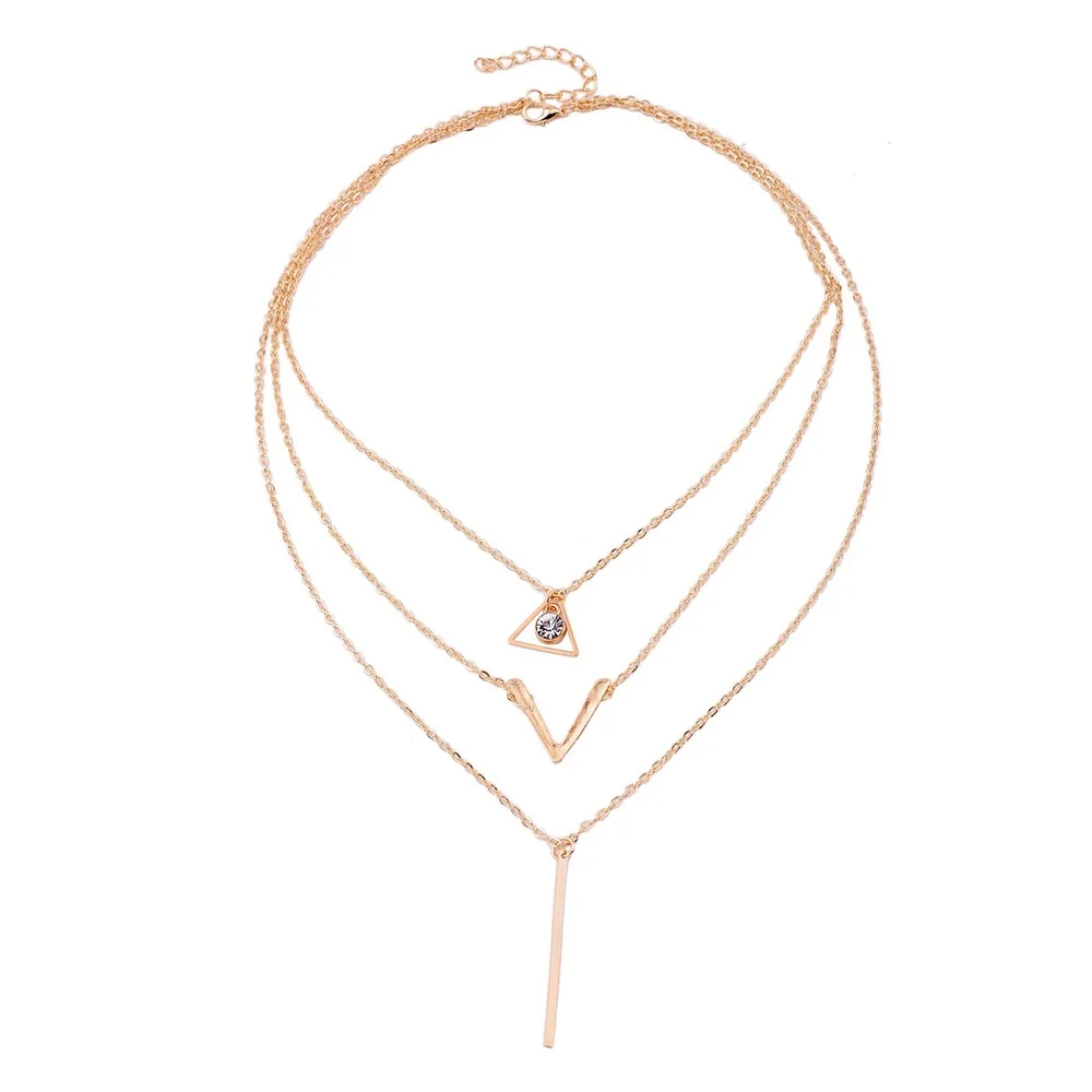 

European and American fashion crystal ladies alloy party personality necklace trend multi-layer triangle pendant clavicle chain