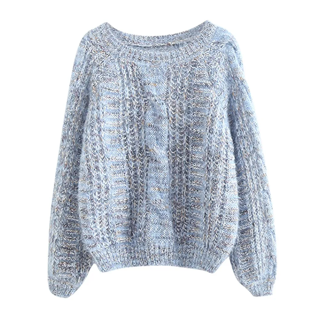 Розовый Повседневный вязаный женский свитер с рукавом-фонариком 2019 осенний