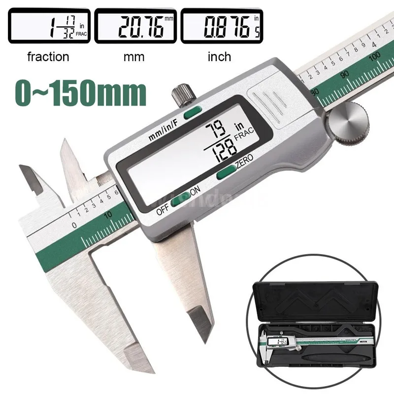 

Digital Slide Caliper Stainless Steel LCD Display Calipers 0-150mm 1/64 Fraction/MM/Inch Electronic Vernier Ruler Measuring Tool