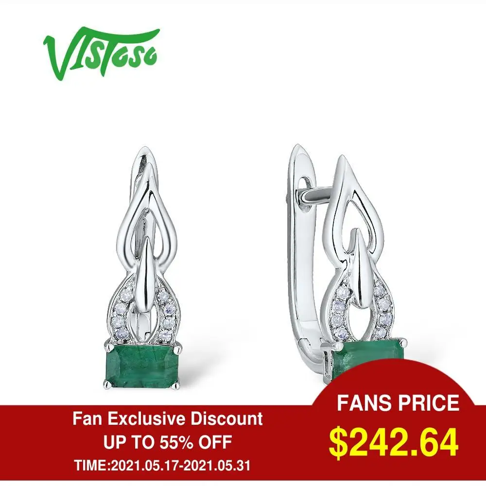 Женские Золотые сережки с изумрудами VISTOSO белое золото 14 к 585 пробы со сверкающими