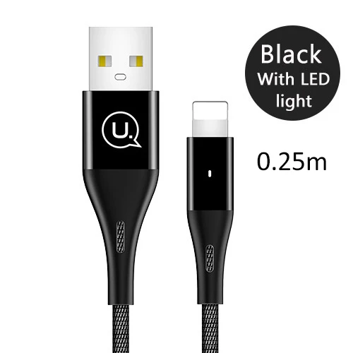 Black LED 0.25m USAMS USB кабель для освещения кабель для iPhone 2 м 2.4A кабель передачи данных для быстрой зарядки для iPhone 7 8X6 6s plus 5 SE 5S зарядное устройство - Цвет: Black LED 0.25m
