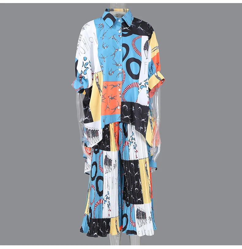 

Vefadisa 2021spring and autumn women clothing Blue White Printing Suit Loose Casual Suit Thin Shirt Loose Wide-leg Pant TT030