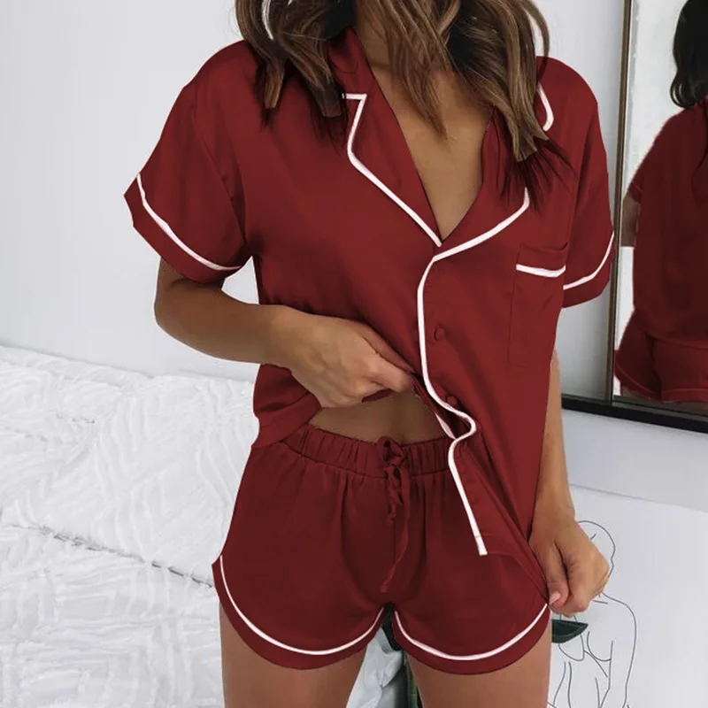 

Womens Silk Satin Pajamas Pyjamas Set Short Sleeve Sleepwear Pijama Pajamas Suit Female Sleep Two Piece Set Loungewear Plus Size