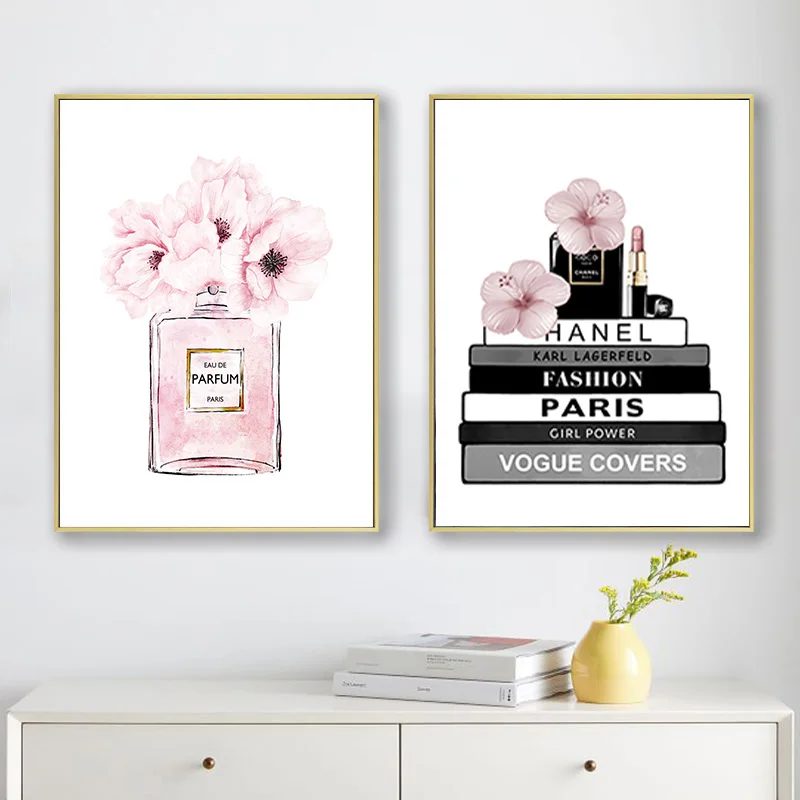 

Flower Perfume Bottle Fashion Book Canvas Painting Makeup Poster and Print Wall Art Picture Modern Girl Woman Room Decoration