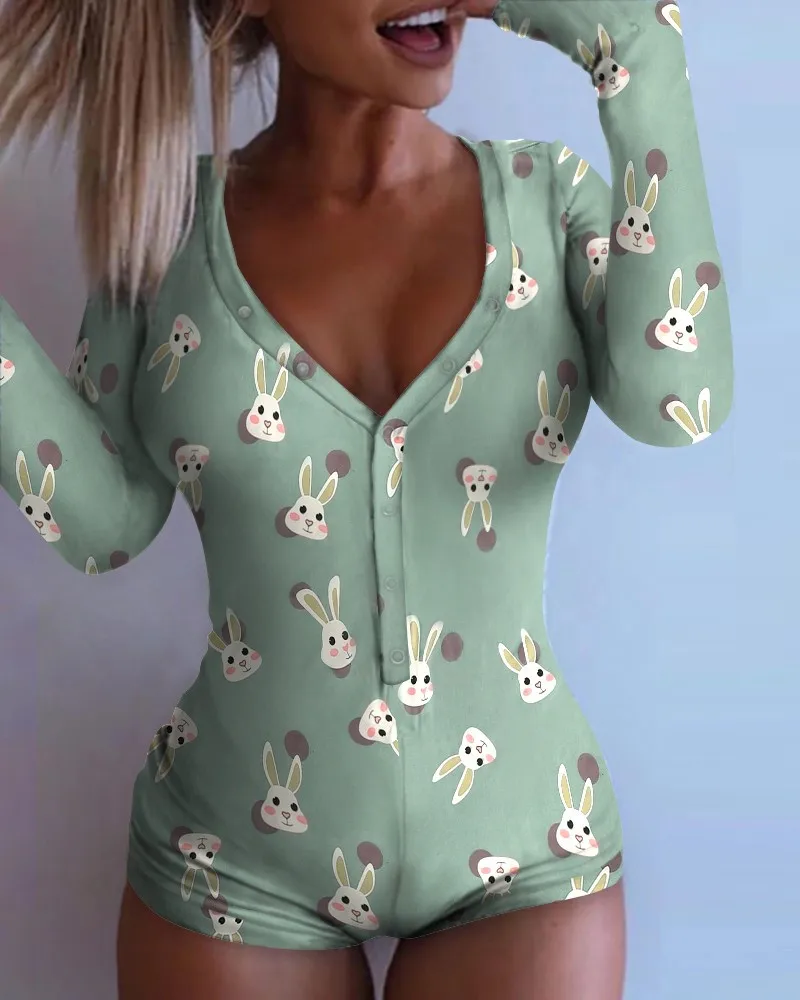 

2020 Sexy Women Deep V-neck Bodycon Sleepwear Jumpsuit Button Bodysuit Shorts Romper Bodysuit Leotard Long Sleeve Print Bodysuit