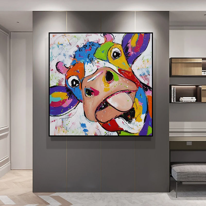 

Modern Abstract Canvas Painting Animal Art Mural Cute and Funny Color Bull Head Poster Children's Room Home Decoration Cuadros