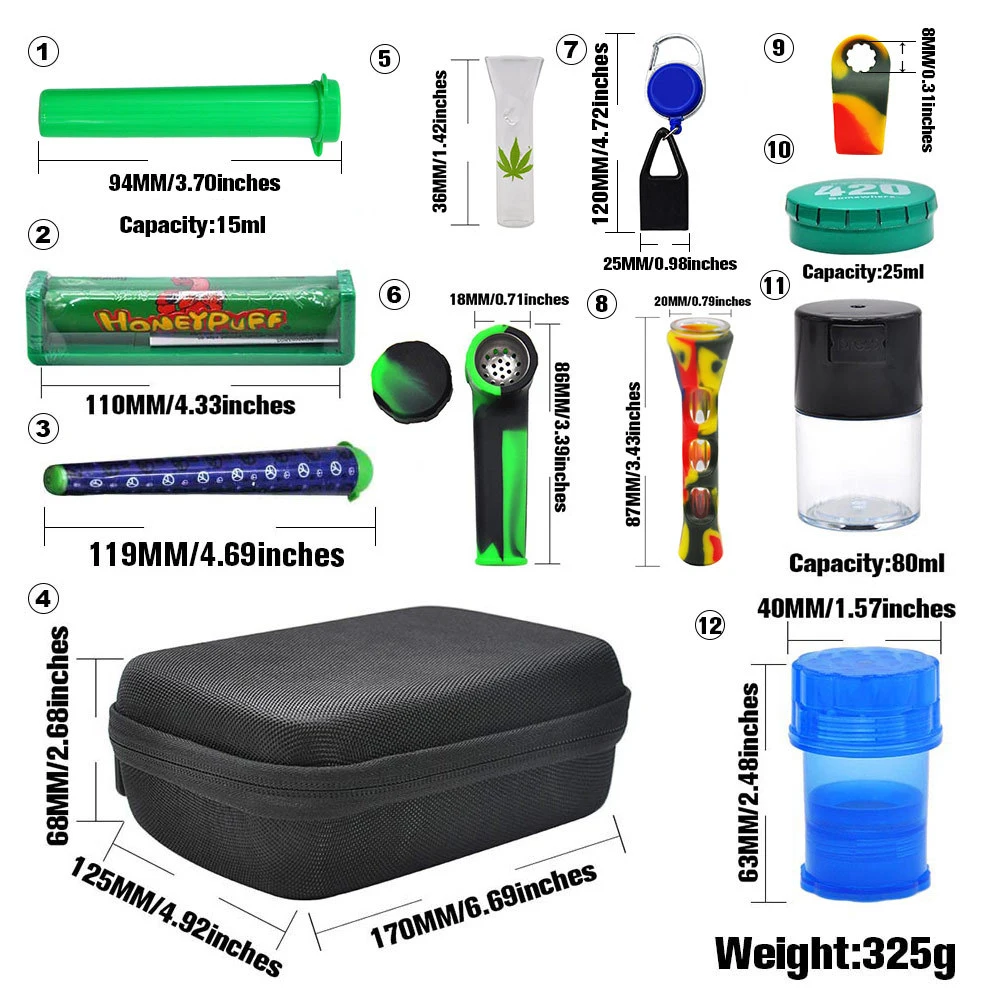 

6Pcs Useful Tobacco Bag Set Plastic Herb Grinder Storage Jar Metal Tin Silicone Smoking Pipe One Hitter Rolling Machine Glass