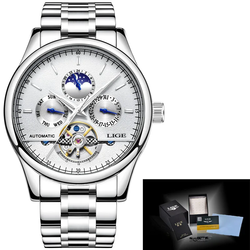 steel silver white Relojes LIGE Мужские автоматические механические Спортивные часы мужские роскошные Брендовые повседневные часы мужские наручные часы армейские часы relogio masculino - Color: steel silver white