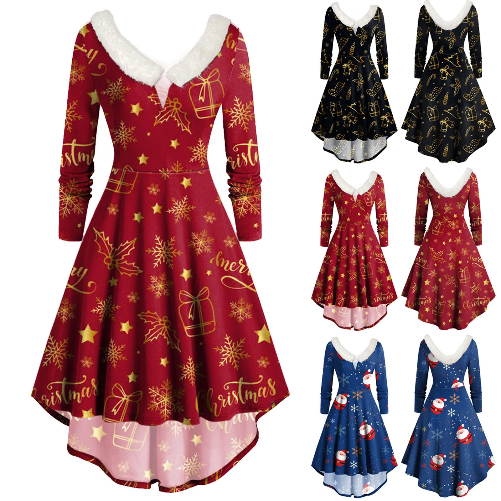 

Женское рождественское платье с принтом снежинок, рождественское пушистое платье с длинным рукавом и V-образным вырезом, зимнее платье с от...