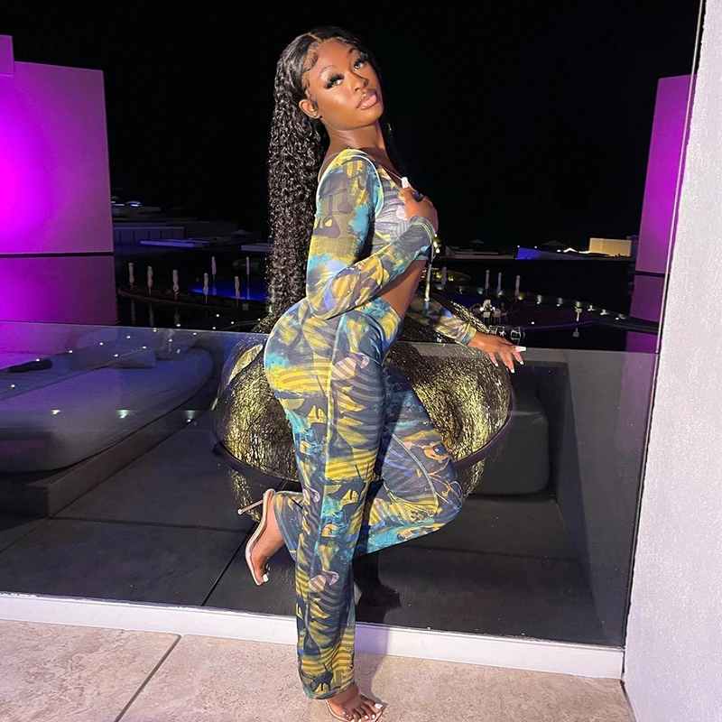 

BIIKPIIK Women Skinny Hollow Out 2 Piece Sets Casual Lounge Wear Print Autumn Female Suits 2021 Fashion Sexy Party Clubwear