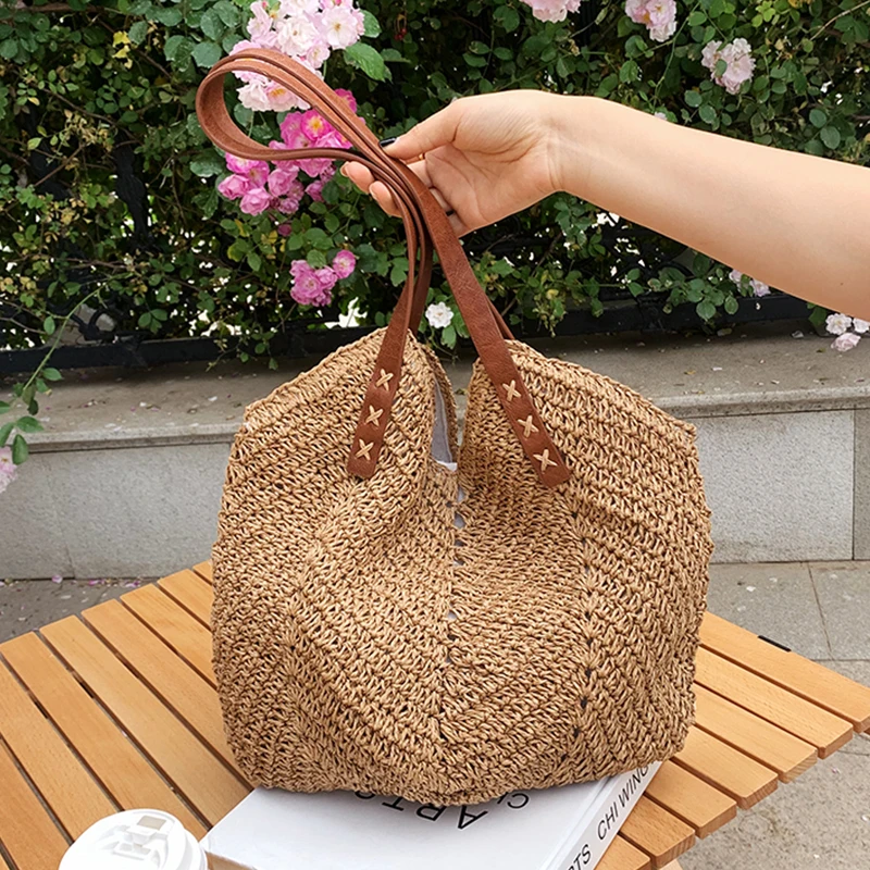 

Женская плетеная ручная сумка на плечо, богемная летняя Соломенная пляжная сумка-тоут 2021, дорожная сумка-шоппер, плетеные сумки для покупок