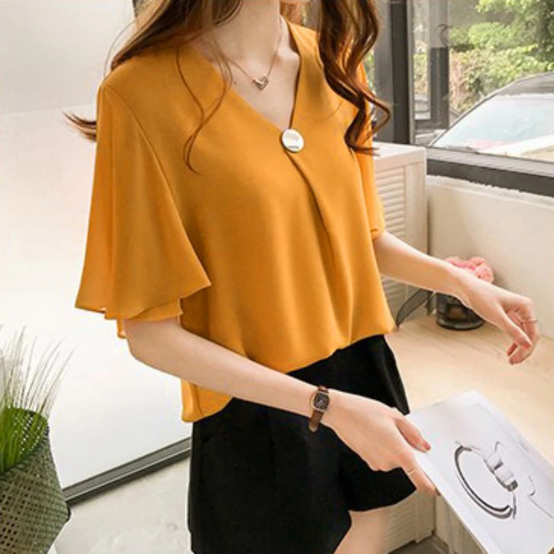 

Women's Summer Loose Casual V-neck Half-sleeved Chiffon Shirt Fashion Sweet Solid Color Plus Size Blouse