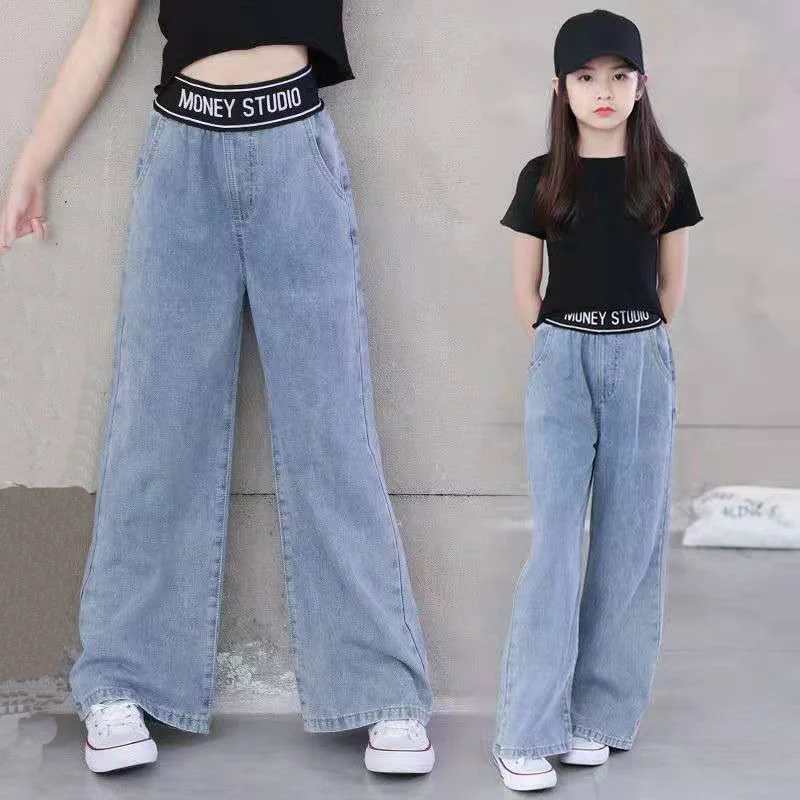 

Детские джинсы для девочек, демисезонные джинсы для маленьких девочек с широкими штанинами, Детская верхняя одежда, длинные брюки, одежда д...
