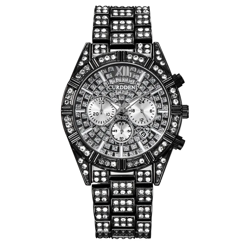 

2023 Fashion Steel Belt Calendar Watch Full Of Diamonds Wrist Watch Luxury Bussiness Wristwatches Vintage Relógio Masculino