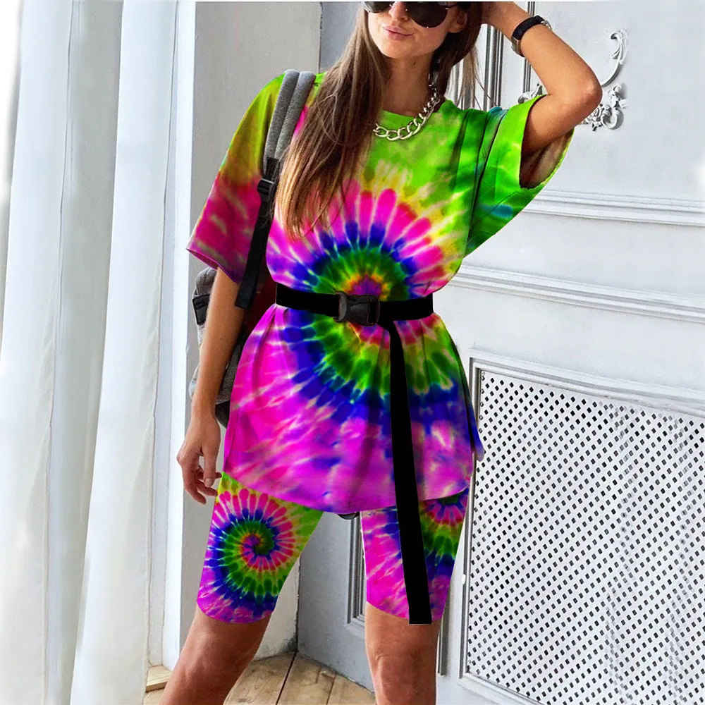 Tie Dye Print Oversized Two Piece Short Set for Women T-shirt Top and Biker Shorts Set Lounge Wear Street Joggers Matching Sets