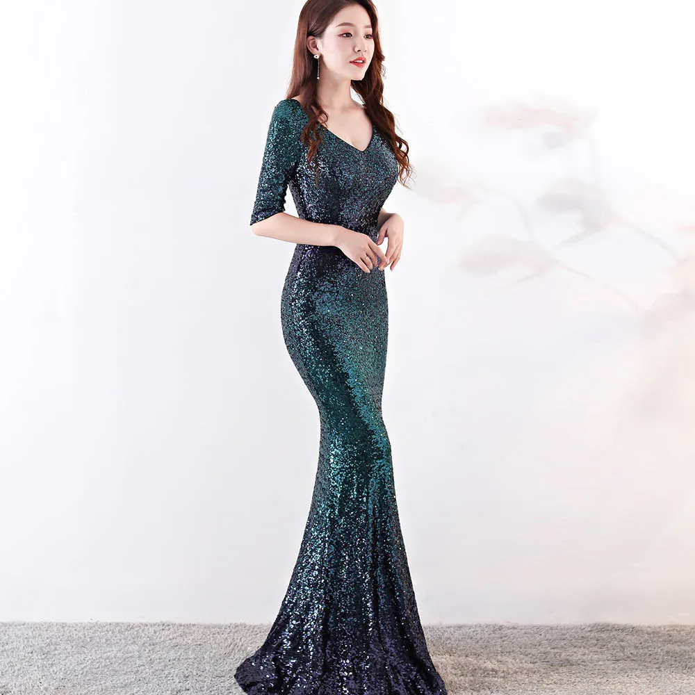 Блестящее Золотое женское элегантное вечернее платье с рукавом средней длины