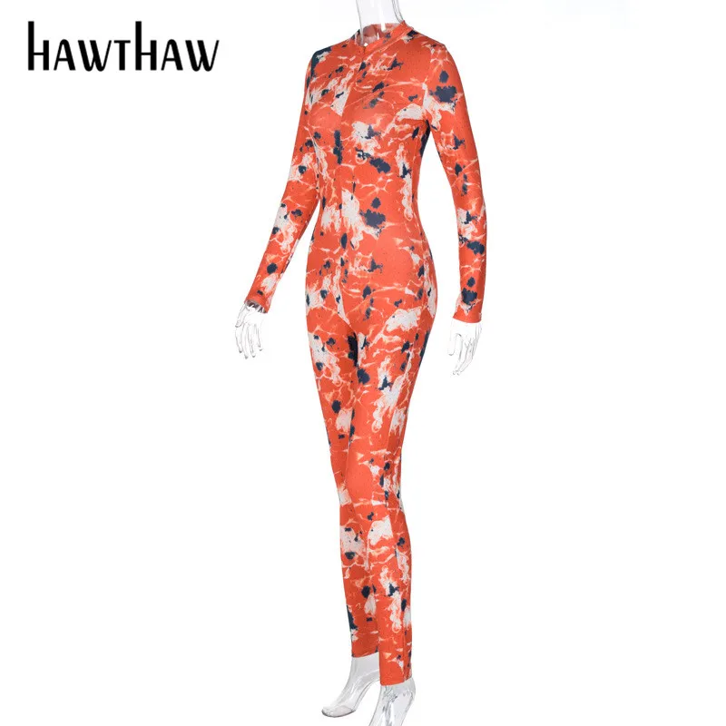 

HAWTHAW women autumn printed long sleeve sportswear fitness workout skinny zipper casual jumpsuit clothes 2020 fall playsuit