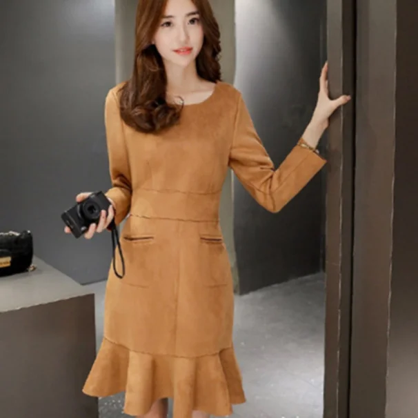 Зимние Для женщин Замшевое платье осенне зимняя одежда с длинным рукавом