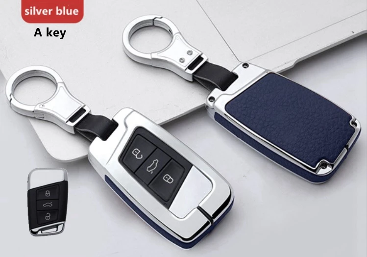 A key silver blue Высококачественный автомобильный кожаный и металлический чехол для ключей, брелок для Volkswagen Tiguan MK2 CC Passat B8 для Skoda A7 Octavia Superb - Название цвета: A key silver blue
