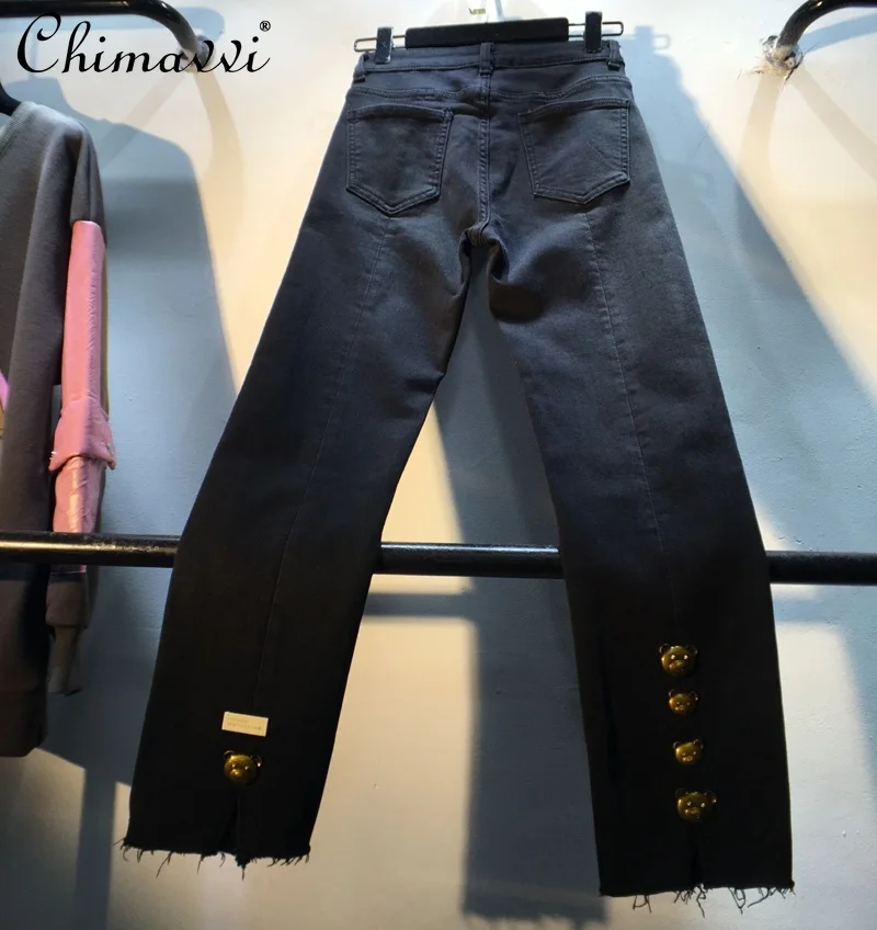 

Jeans Woman High Waist 2021 Autumn Winter Wide Leg Casual Denim Trousers Lady Bear Button Slimming Stretch Black Thick Pants