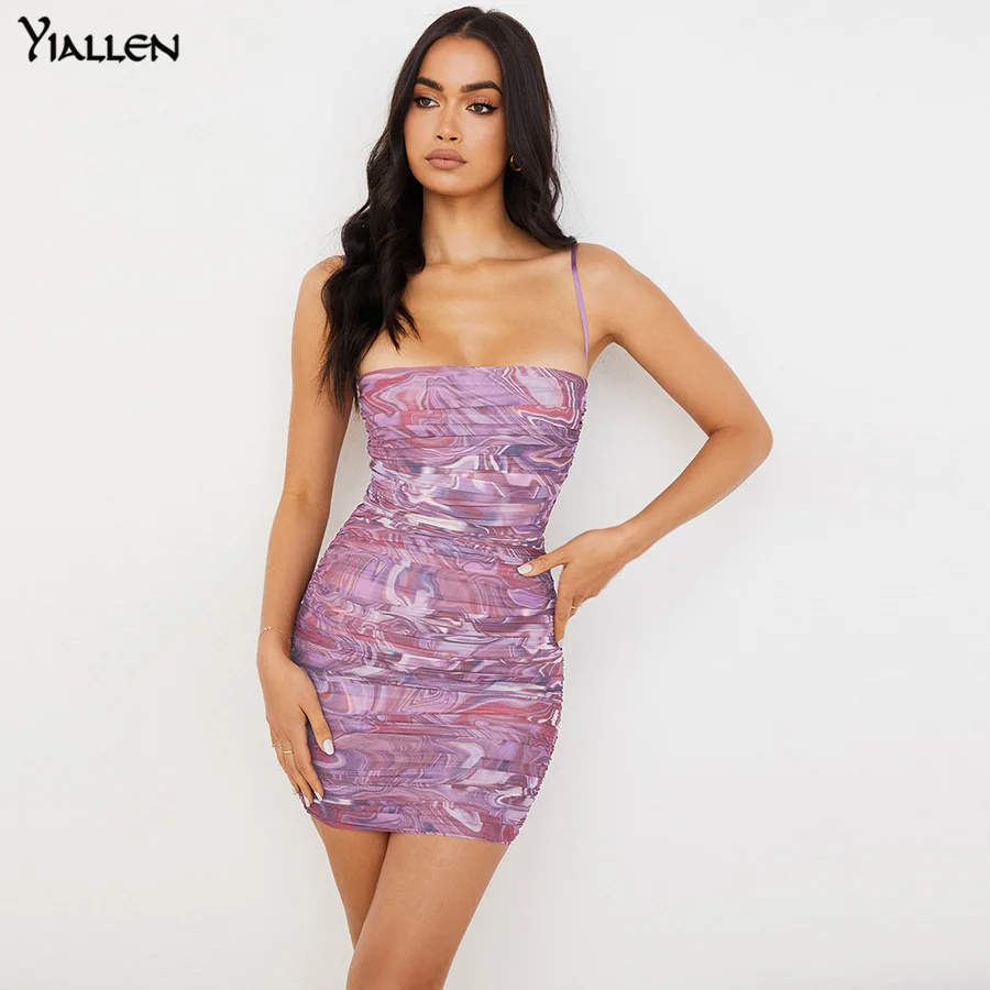 

Yiallen Print Mini Y2K Dress for Women Sexy Ruched Slim Spaghetti Strap Bodycon Dresses Summer Casual Vacation Clubwear New Hot