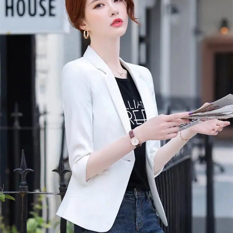 

Summer women's white suit coat 2021 fashion leisure women's Short Sleeve office Jacket seven sleeve Button coat Plus Size 4XL