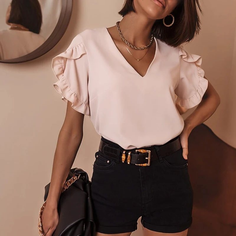 

Dilusoo 2021 Summer Apricot Ruffled Short-sleeved T-shirt Casual Chiffon V-neck Women Top Solid Office Lady Short Female T-shirt