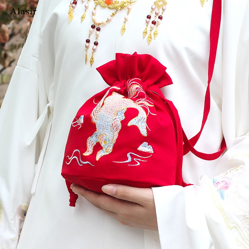 Красная сумка мешок Alasir с вышивкой Hanfu винтажная Повседневная Сумка тоут в