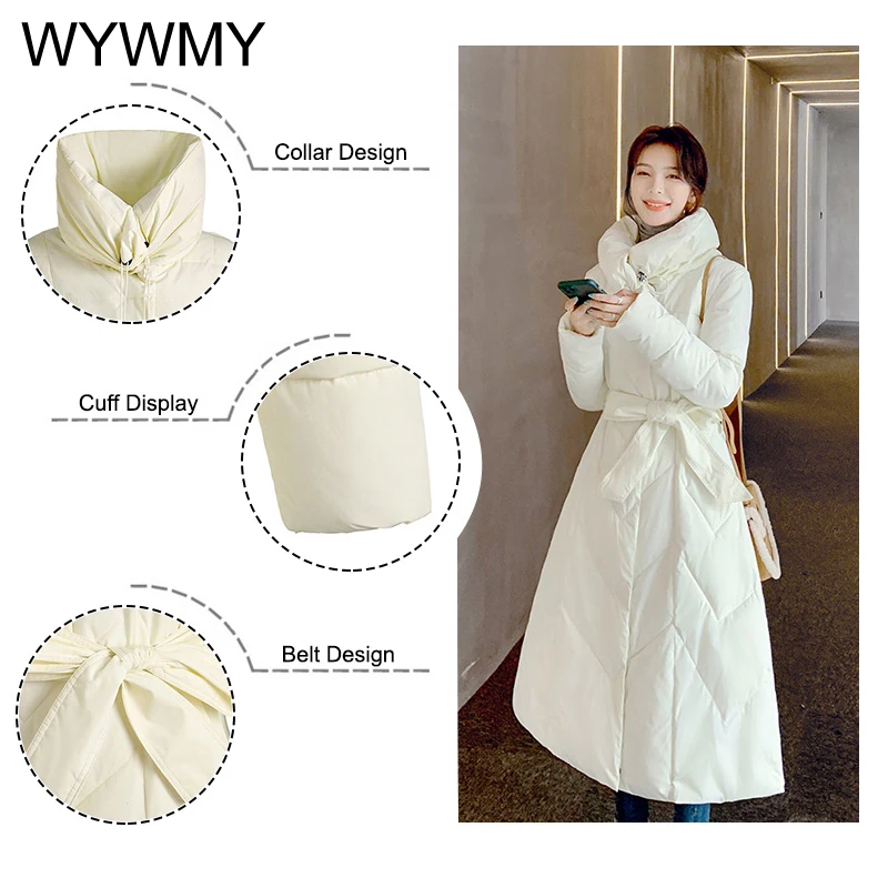 WYWMY Winter Cotton Coats Women Long Parkas 2021 Vintage Elegant Loose Down Jacket Female Mid-Length Turndown Collar Belt Jacket