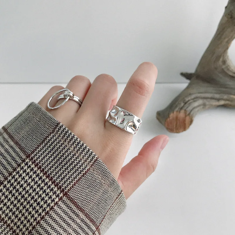 

2021 New fashion Europe and the United jewelry set cool simple style Irregular concave convex wide face pair simple ring plated
