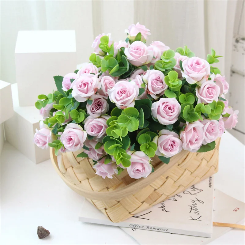 

Artificial Flowers Spring Bouquet Silk Flower Plastic Eucalyptus Fake Rose for New House Home Wedding Arrangement Decoration