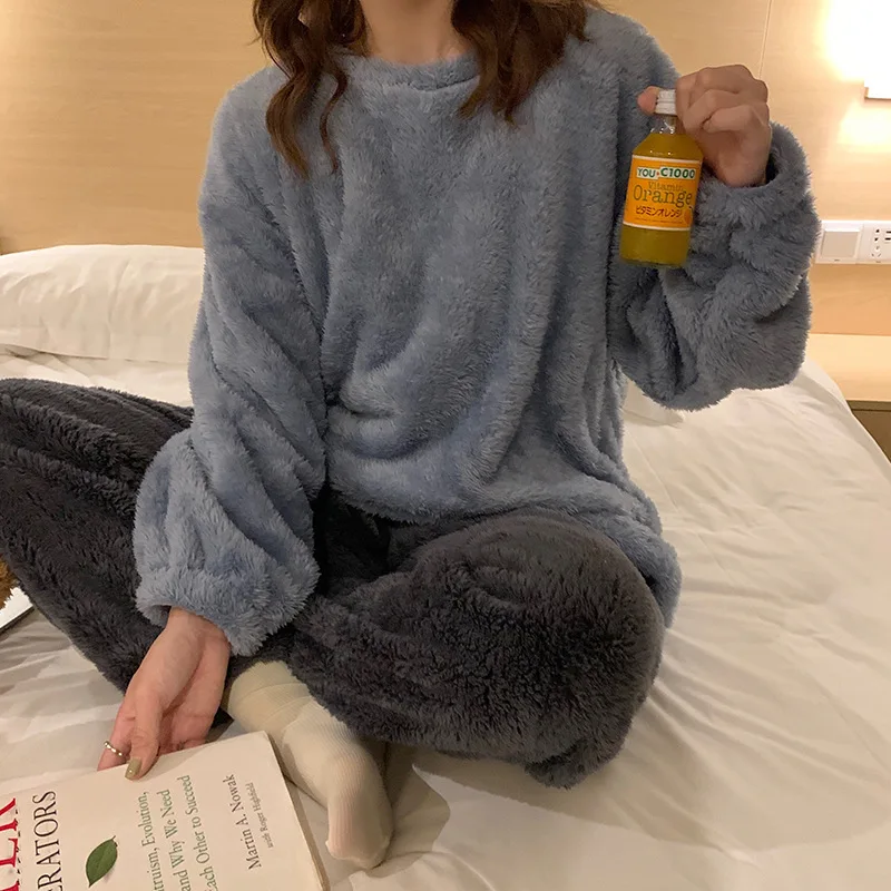 Women'S New Autumn And Winter Coral Fleece Plus Velvet Thickening Flannel Long-Sleeved Ins  Pajamas Nightgown Suit