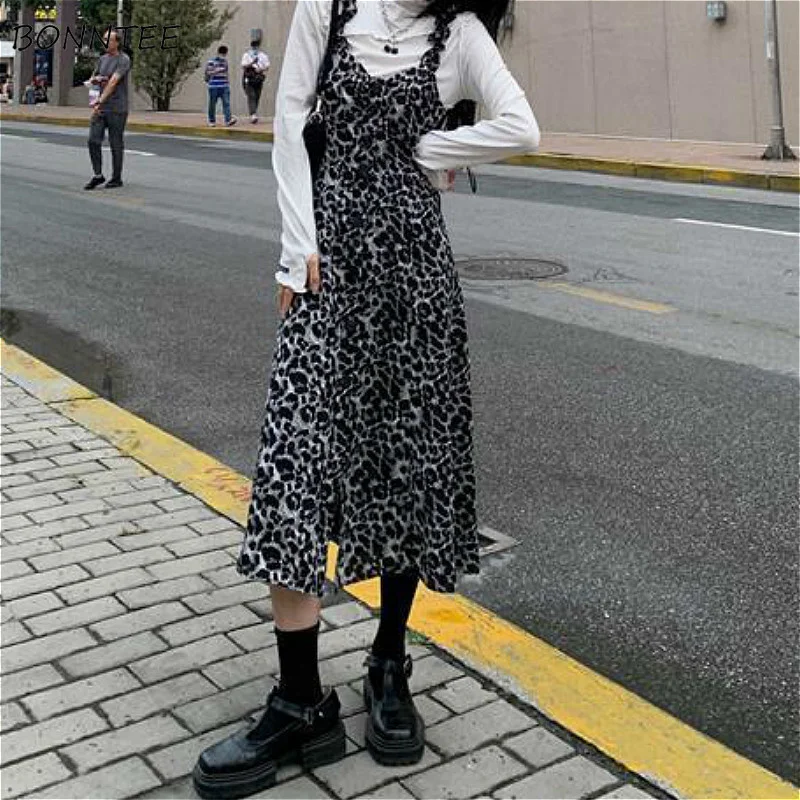 

Dres Women A-line Loose Les Casual V-ne Korean Style High Street Fashionable ular Spring Students Vintage Leopard New