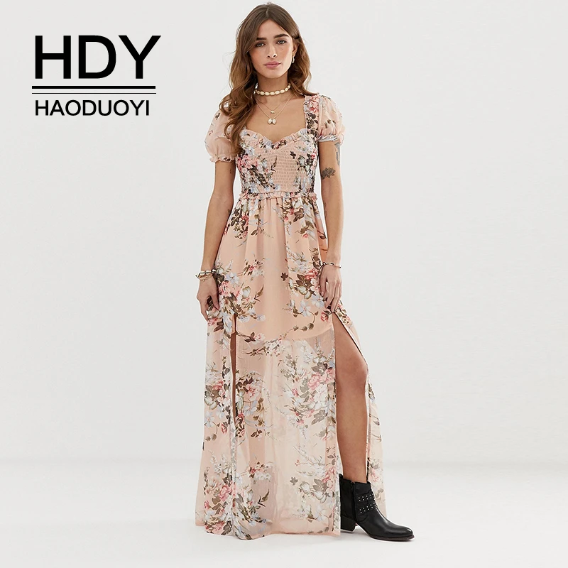 HDY Haoduoyi Новые летние дамы Элегантный макси-пляж Повседневный с коротким рукавом Мода Печатный Цветочные рюшами Сплит Длинные платья