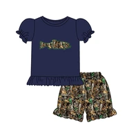 summer girls clothes navy blue short sleeve top and dry branches print pattern shorts fish embroidery toddler girl outfits