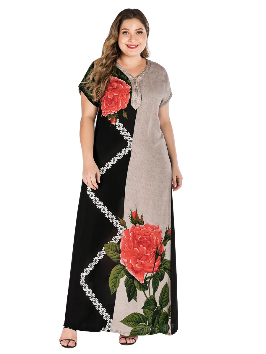 

Plus Size Tribal Botanical Print Boho Dress Women Summer Tunic Short Sleeve kaftan ramadan muslim abaya african