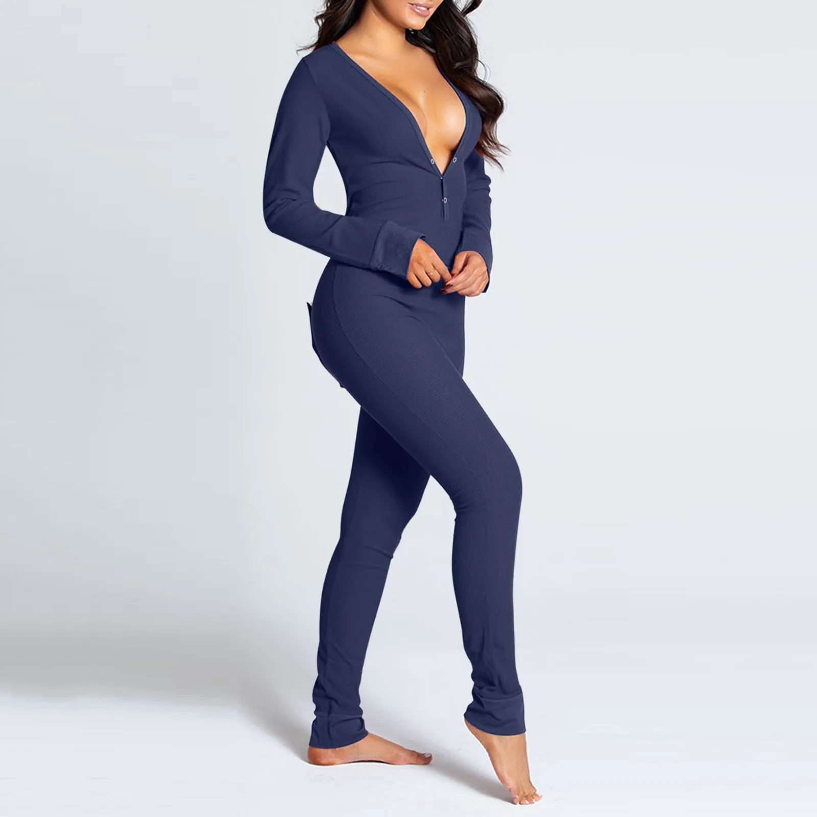 

Sexy Women V-neck Onesies Pijamas Button-down Front Functional Buttoned Flap Pajamas Adults Sleepwear Jumpsuit Pyjama Femme Sexy