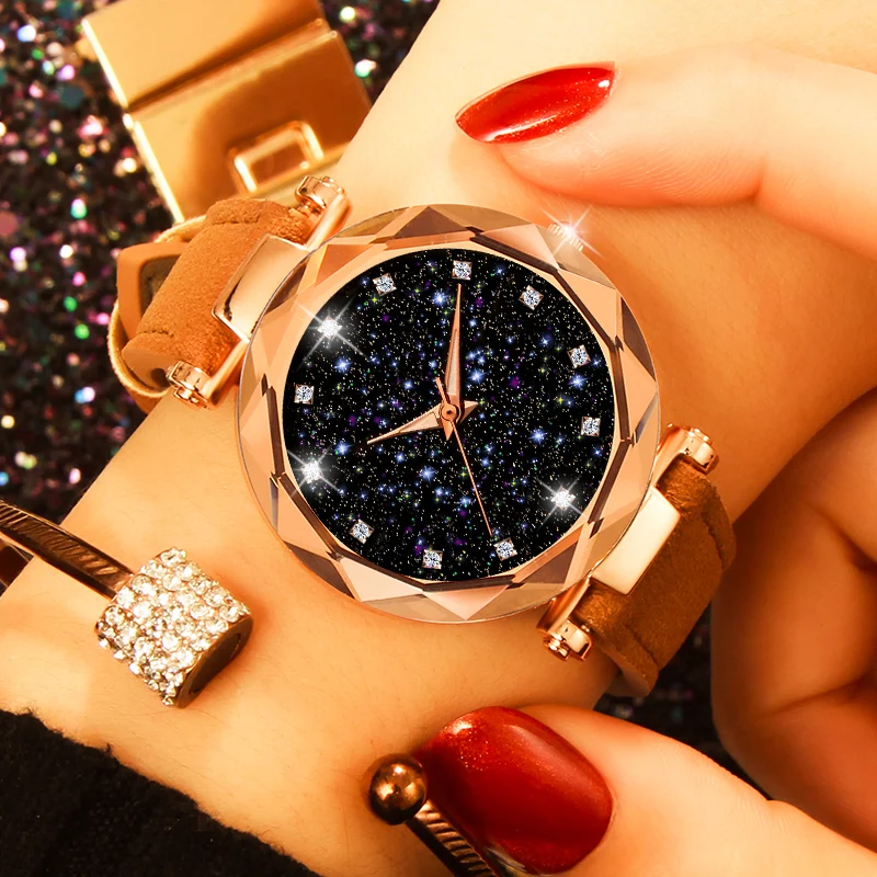 

2020 Starry Sky Women Bracelet Watch Fashion Elegant Luminous Leather Wristwatch Luxury Rose Gold Quartz Clock relogio feminino