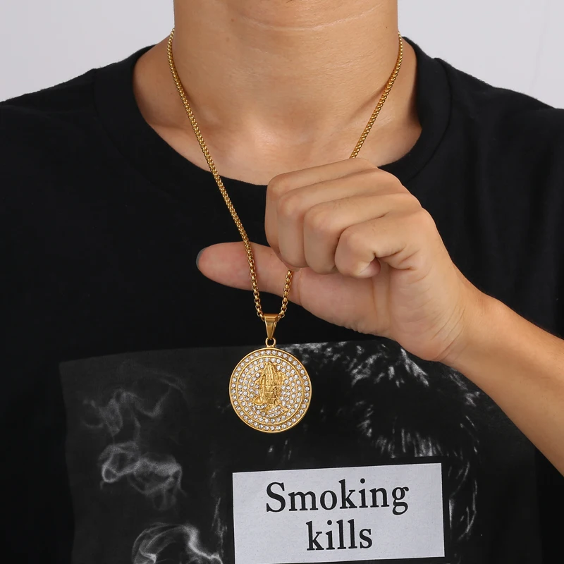 

HIP Hop Gold Color Stainless Steel Bling Iced Out Rope Chain Hands of prayer Pendants & Necklaces for Men Jewelry