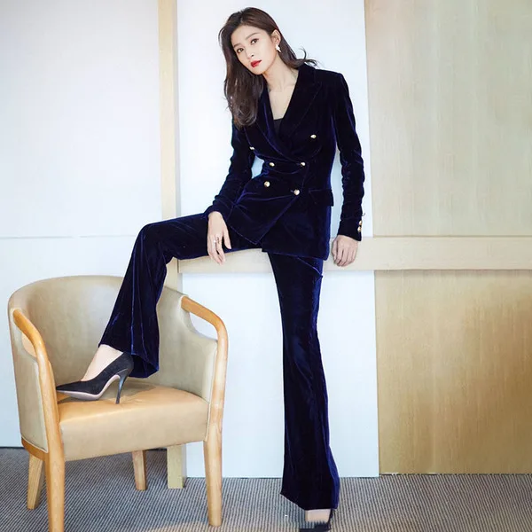 

Women Runway Two Piece Set Fall Winter Velvet Long Sleeve Double-breasted Blazer Coat + Office OL Bell-bottoms Pants Suit