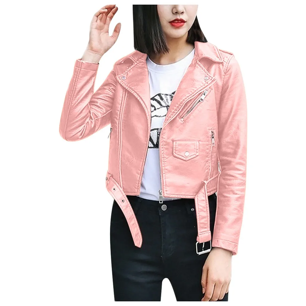 Pink Европейский стиль PU кожаная куртка Новая Осенняя мотоциклетная кожаная верхняя одежда для женщин тонкая байкерская куртка Базовая уличная#3 - Цвет: Pink