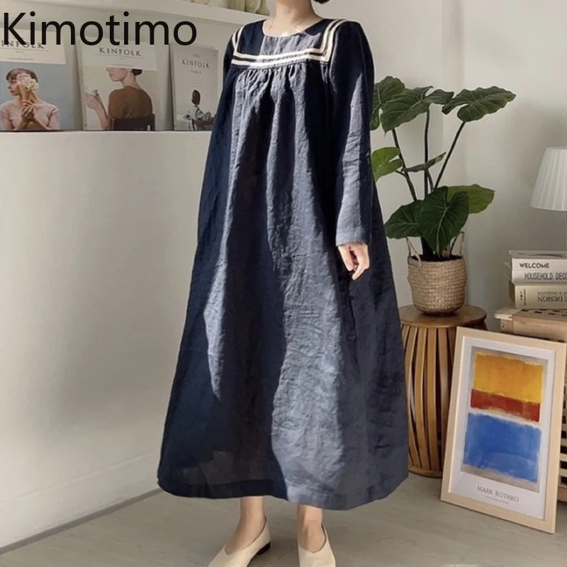 

Повседневное длинное платье Kimotimo для женщин Ранняя осень ретро дизайн со складками с круглым вырезом корейские шикарные свободные платья с...