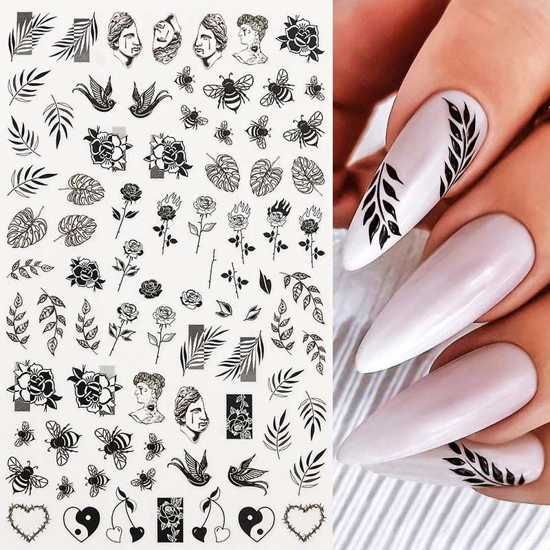 

1 лист черные листья цветок 3D наклейки для ногтей растения геометрический дизайн бабочки переводные наклейки для ногтей украшение для ногт...