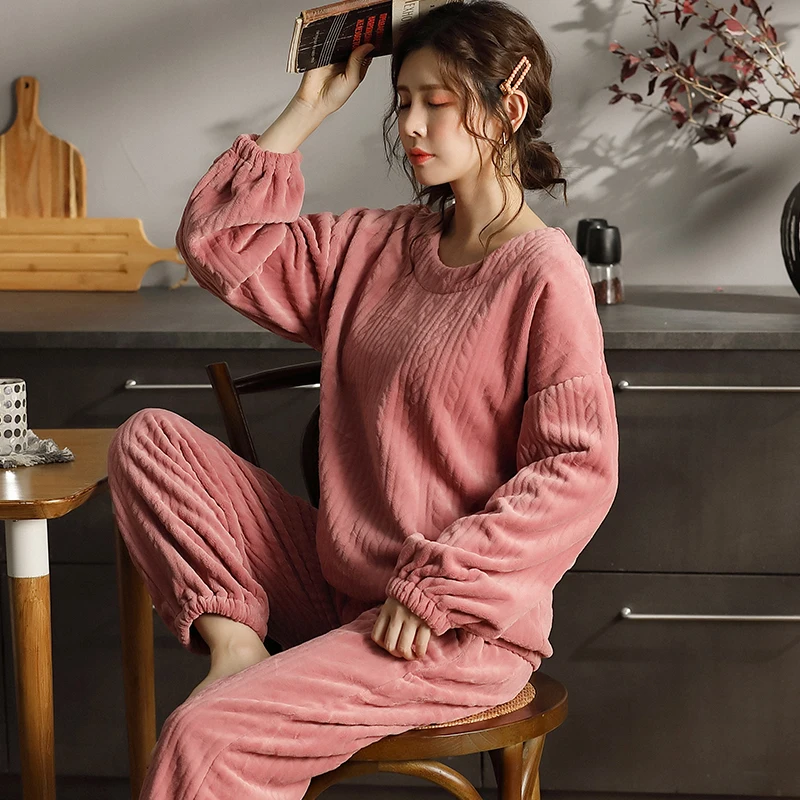 

Thick Velvet Coral Fleece Pajamas Women Warm Flannel Jacquard Long-Sleeved Autumn And Winter Home Service Suit Pyjamas Mujer 3XL