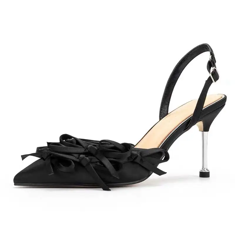 2021 новые туфли на высоком каблуке Женская обувь с бантом острым носком из шелка