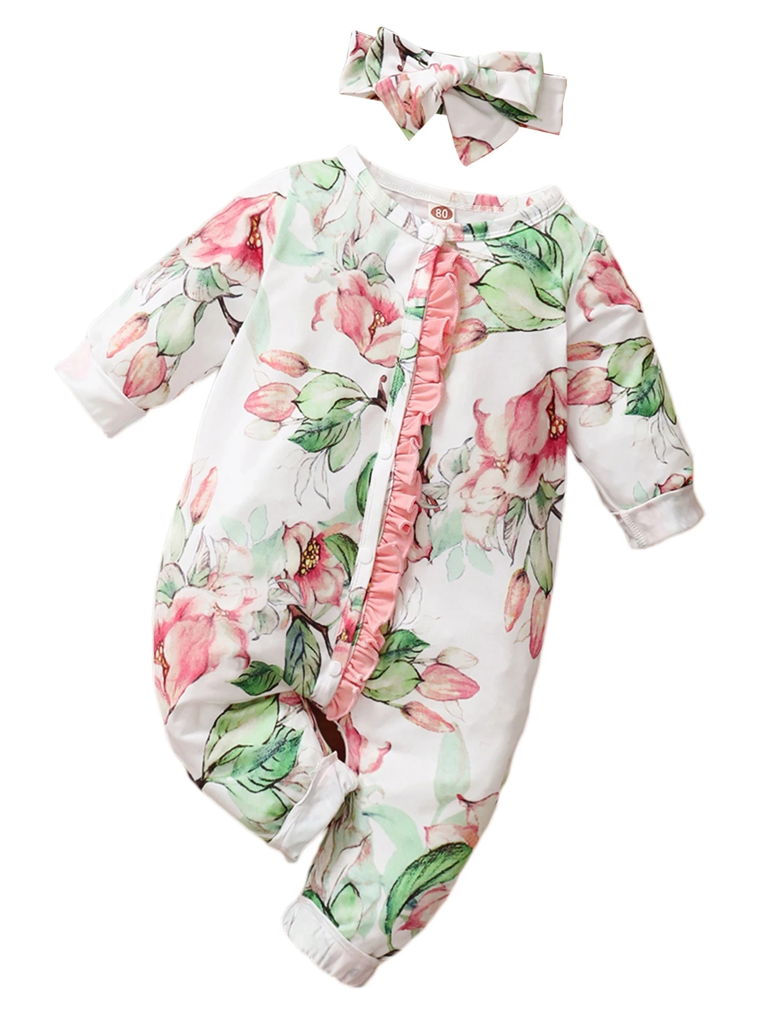 

Toddler Autumn Romper, Flower Print Round-Neck Long Sleeve Single-Breasted Jumpsuit for Baby Girls, 0-18 Month