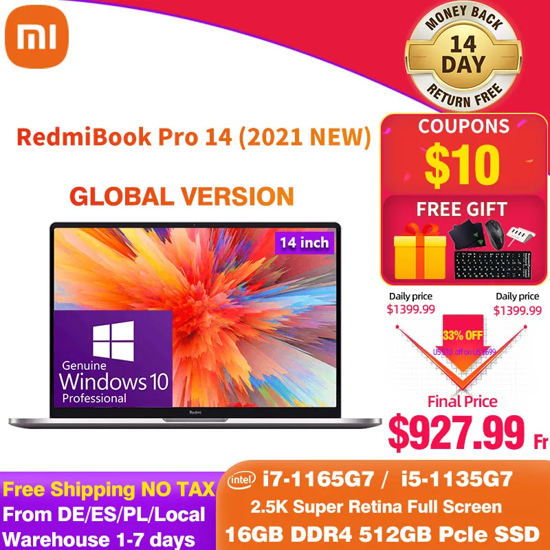 Новый оригинальный ноутбук Xiaomi Redmibook Pro 2021 I7/i5 ультрабук 14 дюймов 16 ОЗУ 512 ГБ SSD Windows