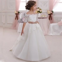 new flower girl dress for wedding white ivory appliques short sleeves o neck first communion gowns vestidos longo