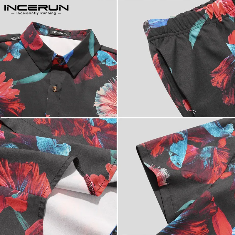 

INCERUN 2021 Summer Men Sets Printing Streetwear Lapel Short Sleeve Shirt Shorts Breathable Beach Casual Men Hawaiian Suits 5XL