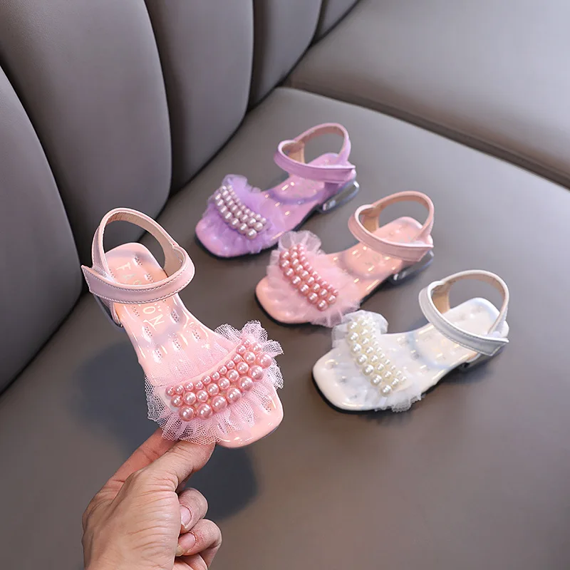 

2021 Summer Girls Sandals Children Lace Pearl Birthday Party Princess Shoes Soft Bottom Comfortable Kids High Heels Sandals